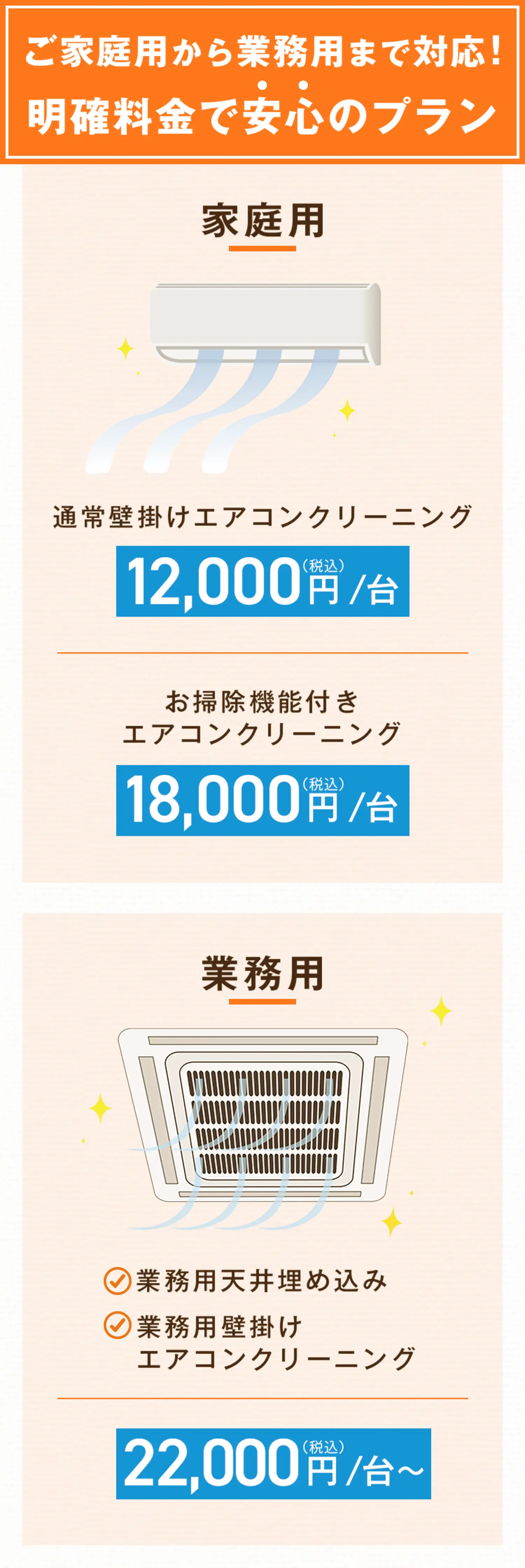 ご家庭用から業務用まで対応！ 明確料金で安心のプラン　家庭用通常壁掛けエアコンクリーニング12,000円(税込)/台 家庭用お掃除機能付きエアコンクリーニング 18,000円(税込)/台　業務用天井埋め込み、壁掛けエアコンクリーニング 22,000円(税込)/台